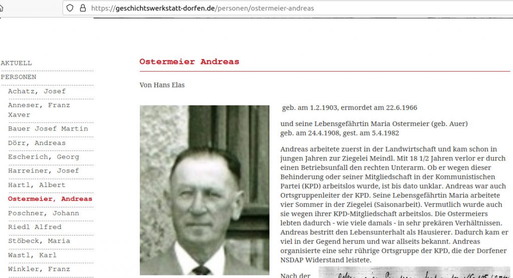 Screenshot von der Webseite der GeschichtswerkstattDorfen mit einem Schwarz-Weiß-Porträt von Andreas Ostermeier. Link: https://geschichtswerkstatt-dorfen.de/personen/ostermeier-andreas