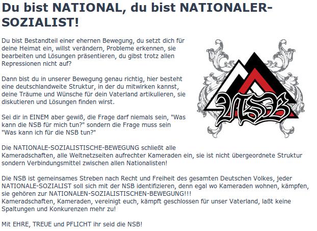Ausschnitt aus der Homepage der 'Nationalen Sozialen Bewegung'.  Screenshot: a.i.d.a.