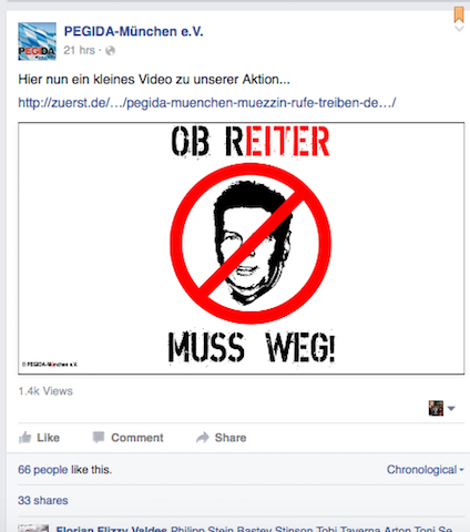So präsentiert 'PEGIDA MÜnchen e.V.' das Video auf dem eigenen facebook-Profil. Screenshot: a.i.d.a.