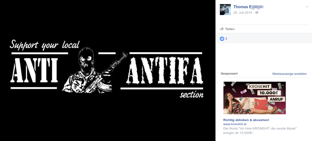 Anti-Antifa-Posting von Thomas E. bei facebook.  Screenshot: a.i.d.a.