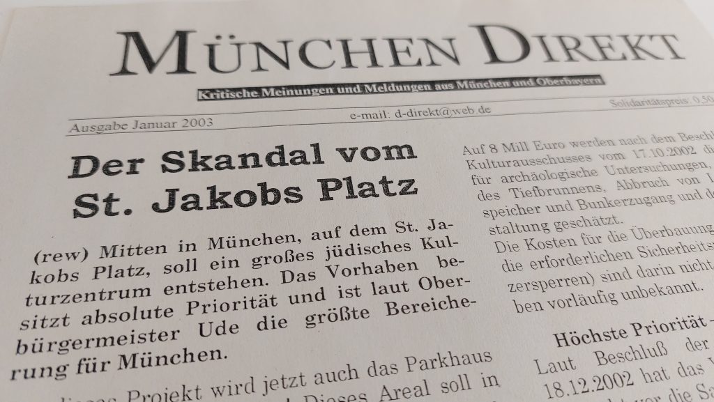 Ausschnitt aus der rechten Publikation „München Direkt“ mit der Schlagzeile „Der Skandal vom St. Jakobs Platz“.